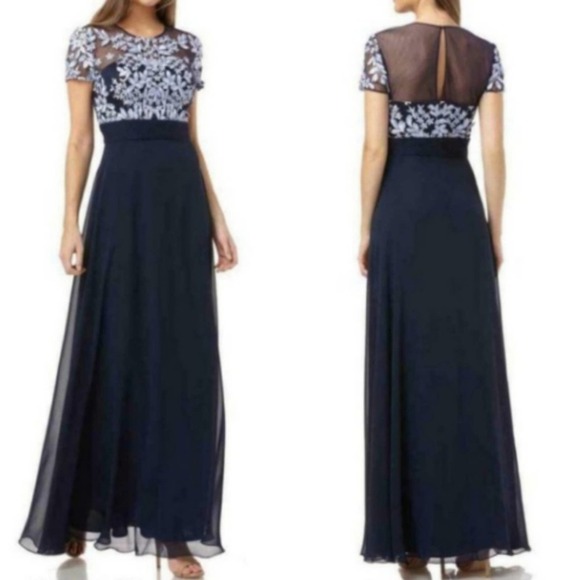 JS Collections Navy Floral Embroidered Chiffon Maxi Gown 2 NEW Illusion Bodice
